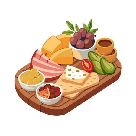 Artistic platter composition featuring cheese, meat, fruit and sauces on a wooden boardのイラスト素材