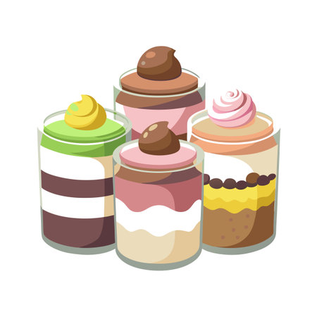 A variety of layered dessert cups featuring different flavors and toppings, ready for consumption.のイラスト素材