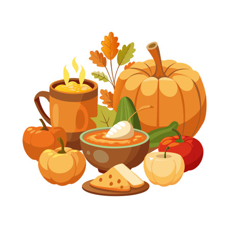 Autumn Harvest Still Life: Pumpkins, Soup, and Warm Drink for Fall Seasonのイラスト素材