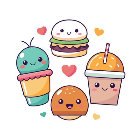 Cute Fast Food Cartoon Character Set with Hearts Isolated on White Backgroundのイラスト素材