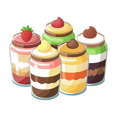 Colorful Dessert Jars: A Variety of Sweet Treats in Glass Containersのイラスト素材
