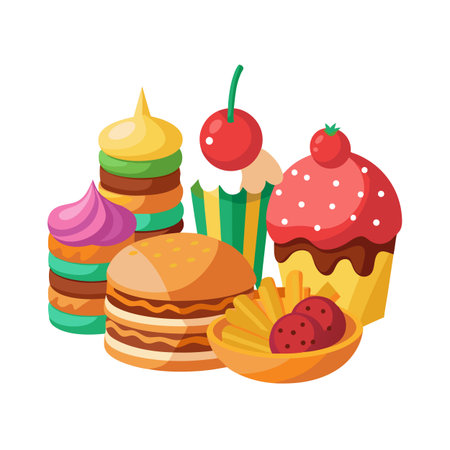 Colorful Cartoon Style Food Illustration Featuring Burger, Cupcakes, and Stacked Macaronsのイラスト素材