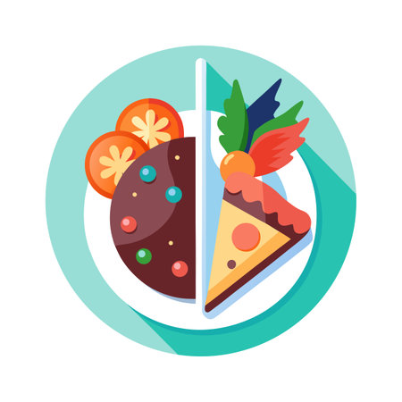 Healthy Balanced Meal Plate Representing Cake and Pizza with Fruit and Vegetables, Flat Designのイラスト素材