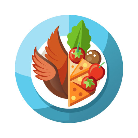 Flat illustration of food on a plate featuring chicken, cheese, vegetables, and mushroomsのイラスト素材