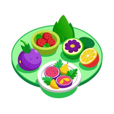 Isometric food platter featuring fresh fruits, berries, and greenery in a stylized flat illustrationのイラスト素材