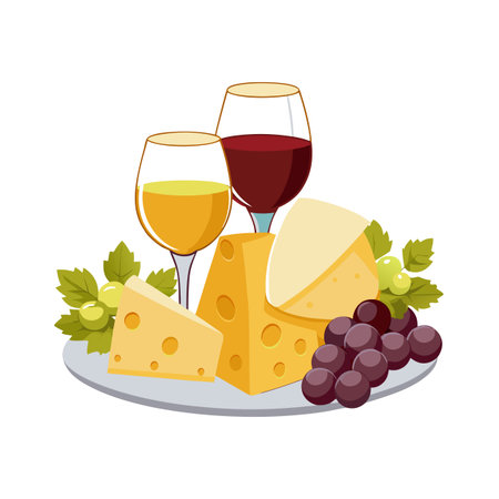 Illustration of cheese selection, grapes and wine glasses arranged on a platter isolated on whiteのイラスト素材
