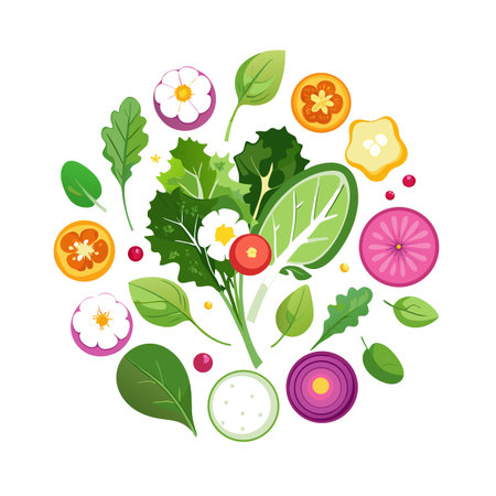 Vibrant Fresh Vegetable and Fruit Arrangement in Circular Composition on White Backgroundのイラスト素材