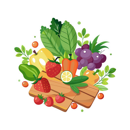 Vibrant assortment of fruits and vegetables on wooden boards, a healthy eating illustrationのイラスト素材
