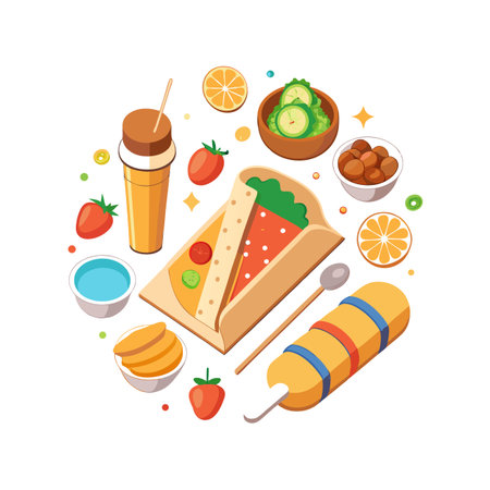 Isometric Food Arrangement: Crepe, Drink, Fruits, and Snacks in a Balanced Compositionのイラスト素材