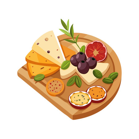 A gourmet cheese and fruit platter featuring artisanal cheeses and assorted fruits on wooden board.のイラスト素材