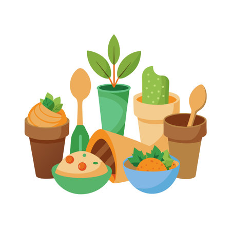 Whimsical composition of stylized plants and food in pastel colored containers on white background.のイラスト素材