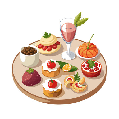 Illustration of assorted desserts and drink presented on a wooden serving tray.のイラスト素材