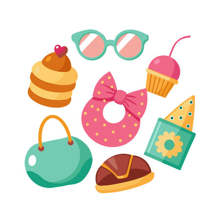 Collection of cute fashion and dessert icons featuring sunglasses, purse, and baked goodsのイラスト素材