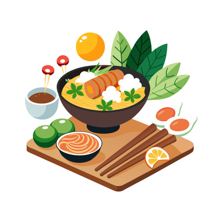 Isometric illustration of a colorful Asian noodle dish with various accompanying elementsのイラスト素材