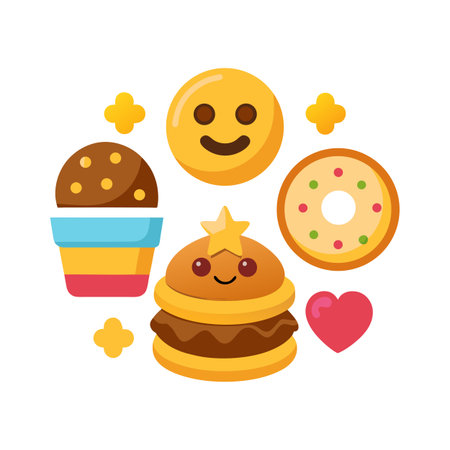A playful collection of dessert icons arranged in a circular pattern, isolated on white.のイラスト素材