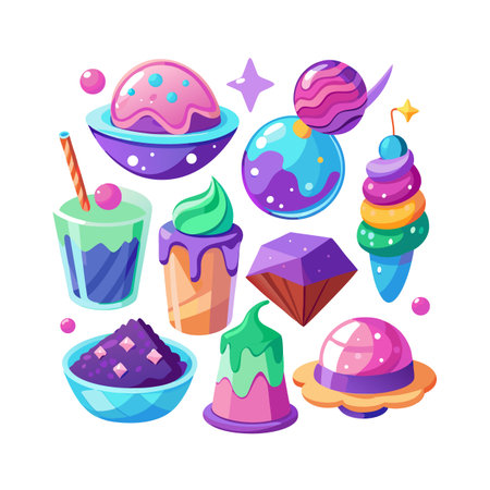 Fantasy Sweets: An Array of Stylized Dessert Planet Illustrations on a White Backgroundのイラスト素材