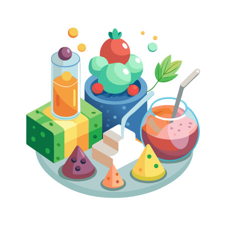 Isometric Still Life: Vibrant Juices, Fruits and Geometric Shapes in Playful Arrangementのイラスト素材