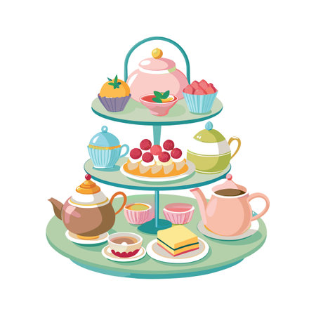 Vector illustration of a three-tiered cake stand filled with teapots and sweetsのイラスト素材
