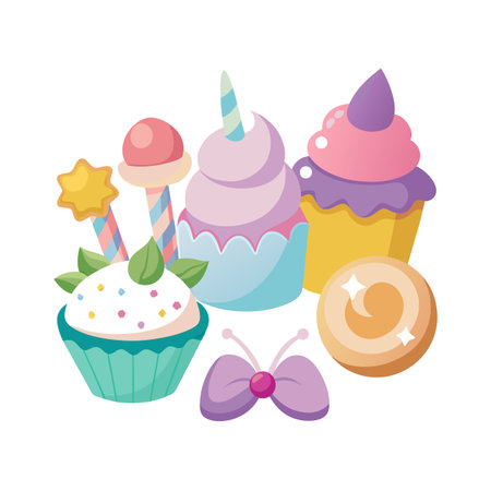 Sweet treat assortment featuring cupcakes, lollipops, and a butterfly bow on white backgroundのイラスト素材