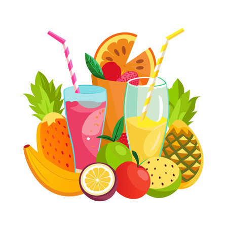 Colorful array of tropical fruit and vibrant smoothies on a white backgroundのイラスト素材