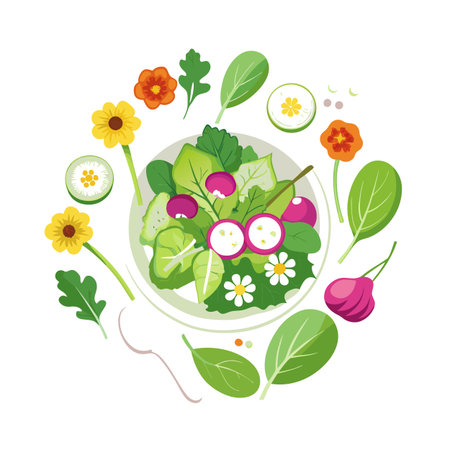 Vector Illustration of Fresh Salad Ingredients with Flowers in Circular Compositionのイラスト素材