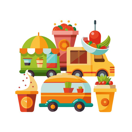 Flat Vector Graphic Depicting Food Trucks and Takeaway Cups on White Backgroundのイラスト素材