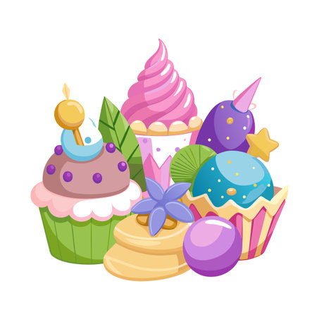 Illustration of cupcakes and sweets in pastel colors, on a white background, cartoon styleのイラスト素材