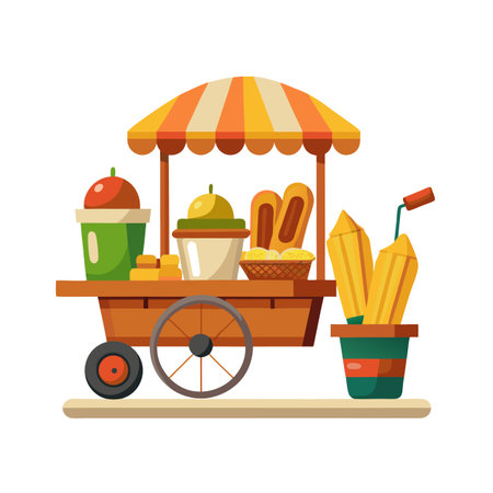 Colorful dessert food cart illustration showcasing sweets and pastries in a flat design styleのイラスト素材