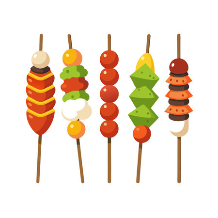 Colorful food skewers vector illustration, assorted delicious ingredients, flat design isolated on white backdropのイラスト素材