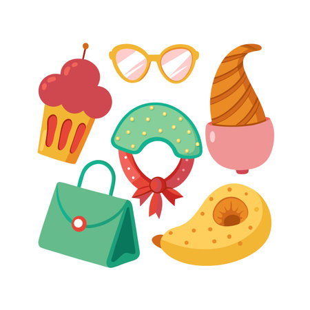 Stylized fashion accessories arranged on white background featuring purse, glasses, and other trendy itemsのイラスト素材