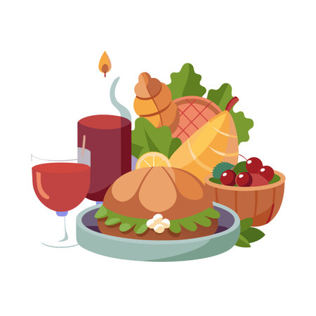Festive Holiday Still Life Illustration with Meal, Fruit, Candle and Red Wineのイラスト素材