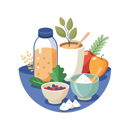 Flat vector illustration of a healthy breakfast with juice, fruits and various vegetarian ingredientsのイラスト素材