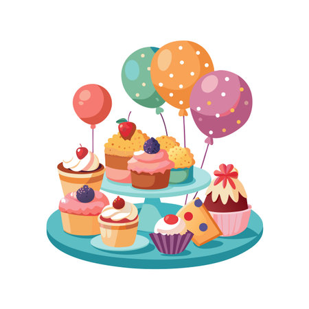 Festive Cupcakes and Balloons on a Turquoise Cake Stand: Celebration Illustrationのイラスト素材