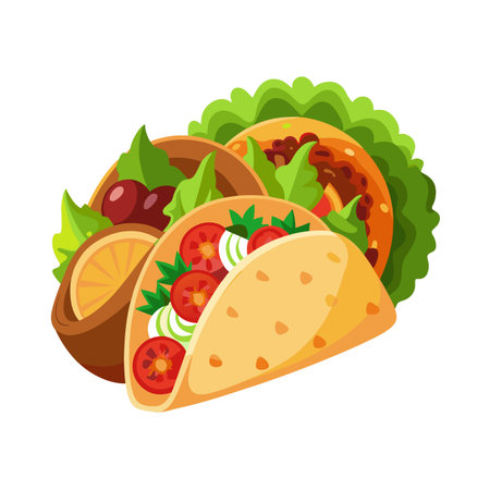 Three vibrant tacos with various fillings and fresh ingredients in a colorful presentationのイラスト素材