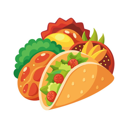 Cartoon-style taco and sides illustration for food-related content with vibrant color paletteのイラスト素材
