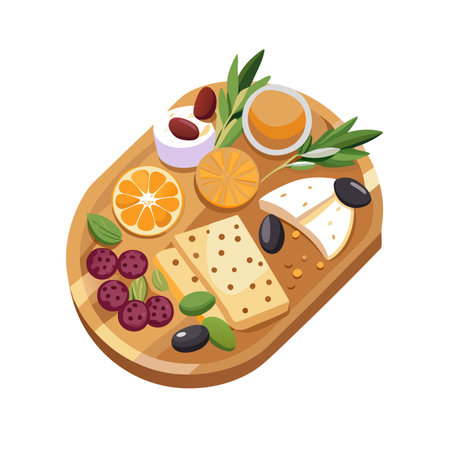 A delicious cheese board arrangement on wooden plate featuring cheese, orange slices, olives, and crackersのイラスト素材