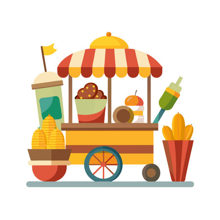 Cartoon food stall selling various street foods and drinks on a white backgroundのイラスト素材