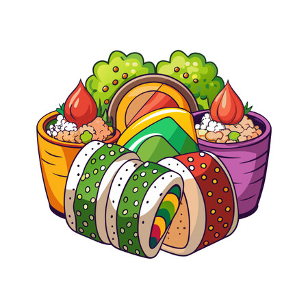 Colorful Bento Box Composition with Maki Sushi and Other Traditional Japanese Cuisine Elementsのイラスト素材