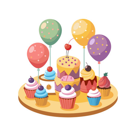 Cheerful Celebration with Cakes Cupcakes and Balloons on a Round Table against White Backgroundのイラスト素材