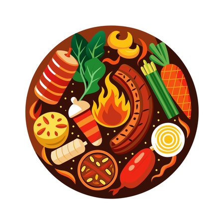Flat vector illustration of assorted food ingredients and dishes arranged in a circle on a brown backgroundのイラスト素材
