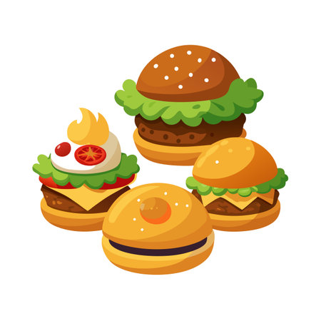 Illustration of various stylized cartoon hamburgers on a white background, grouped closely togetherのイラスト素材