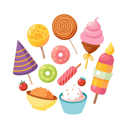 Delightful Assortment of Candies and Sweets Arranged in a Circular Composition on a White Backgroundのイラスト素材
