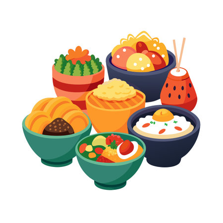 Assorted Bowls of Colorful Food Depicted in a Flat Style on White Backgroundのイラスト素材
