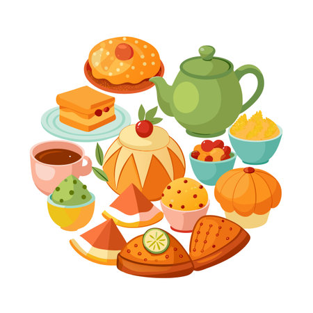 A colorful illustration of assorted cakes, pastries, and tea arranged in a circleのイラスト素材