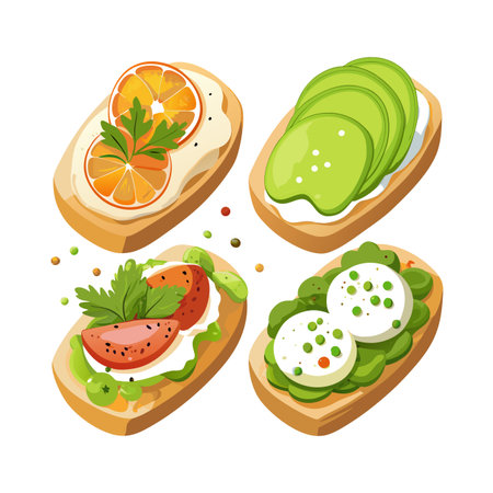 Four delicious open sandwiches with avocado, orange, tomato and egg on white backgroundのイラスト素材