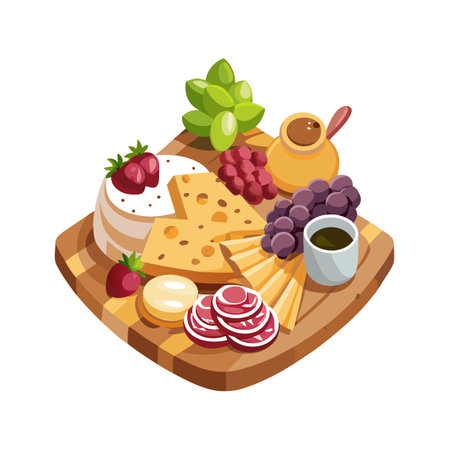 Stylized Charcuterie Board Illustration with Assorted Cheeses, Meats, Fruits and Beveragesのイラスト素材