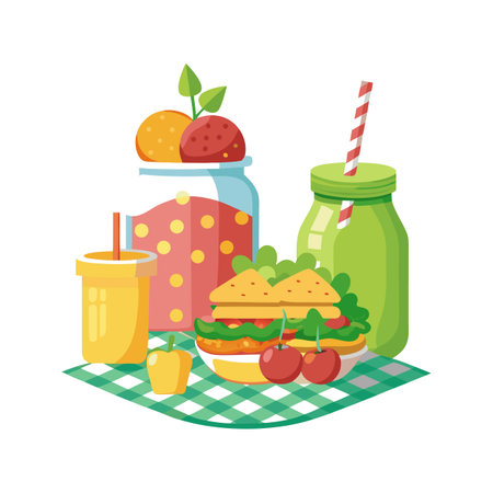 Fresh picnic meal with sandwiches, fruits and drinks in jars on green tableclothのイラスト素材
