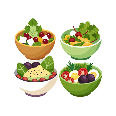 Four colorful salad bowls filled with fresh vegetables, fruits, and toppings arranged on a white backgroundのイラスト素材