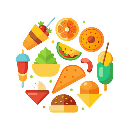 Colorful Flat Vector Food Icons Arranged in a Circle on White Backgroundのイラスト素材
