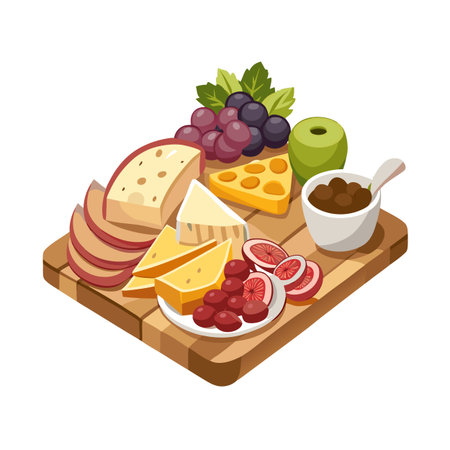 Elegant cheese board with grapes figs apples and chutney showcasing a delicious appetizer selectionのイラスト素材